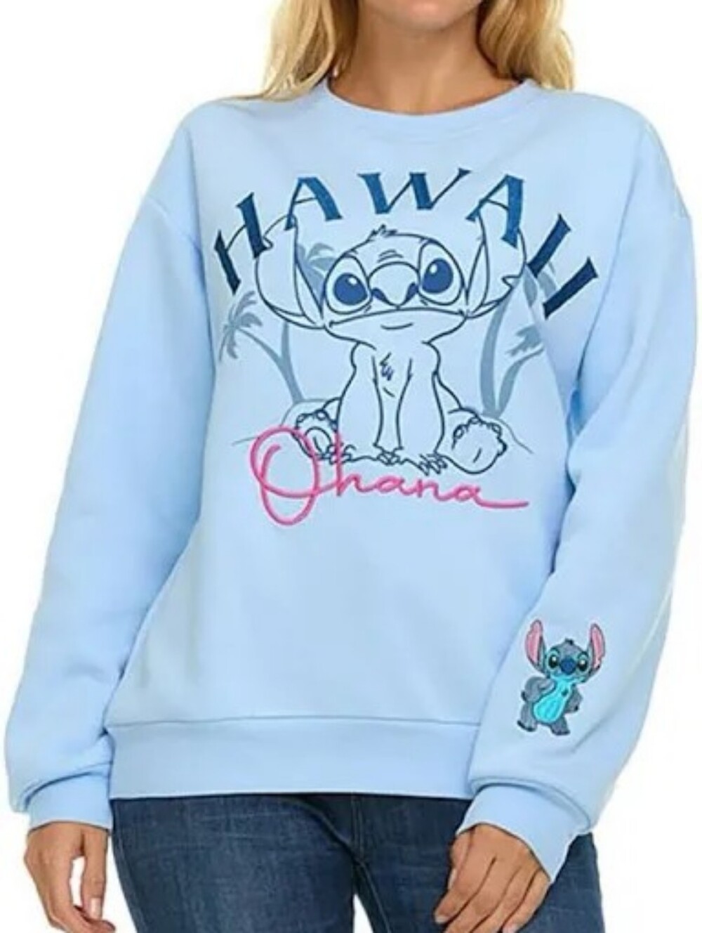 Disney Stitch Light Blue Crewneck Sweatshirt with Navy Embroidery. Size L